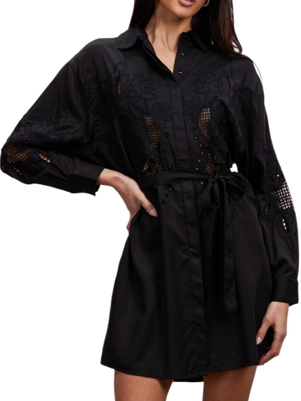Topshop Western Mini Dress Size 12 Black Embroidered Belted Button Front